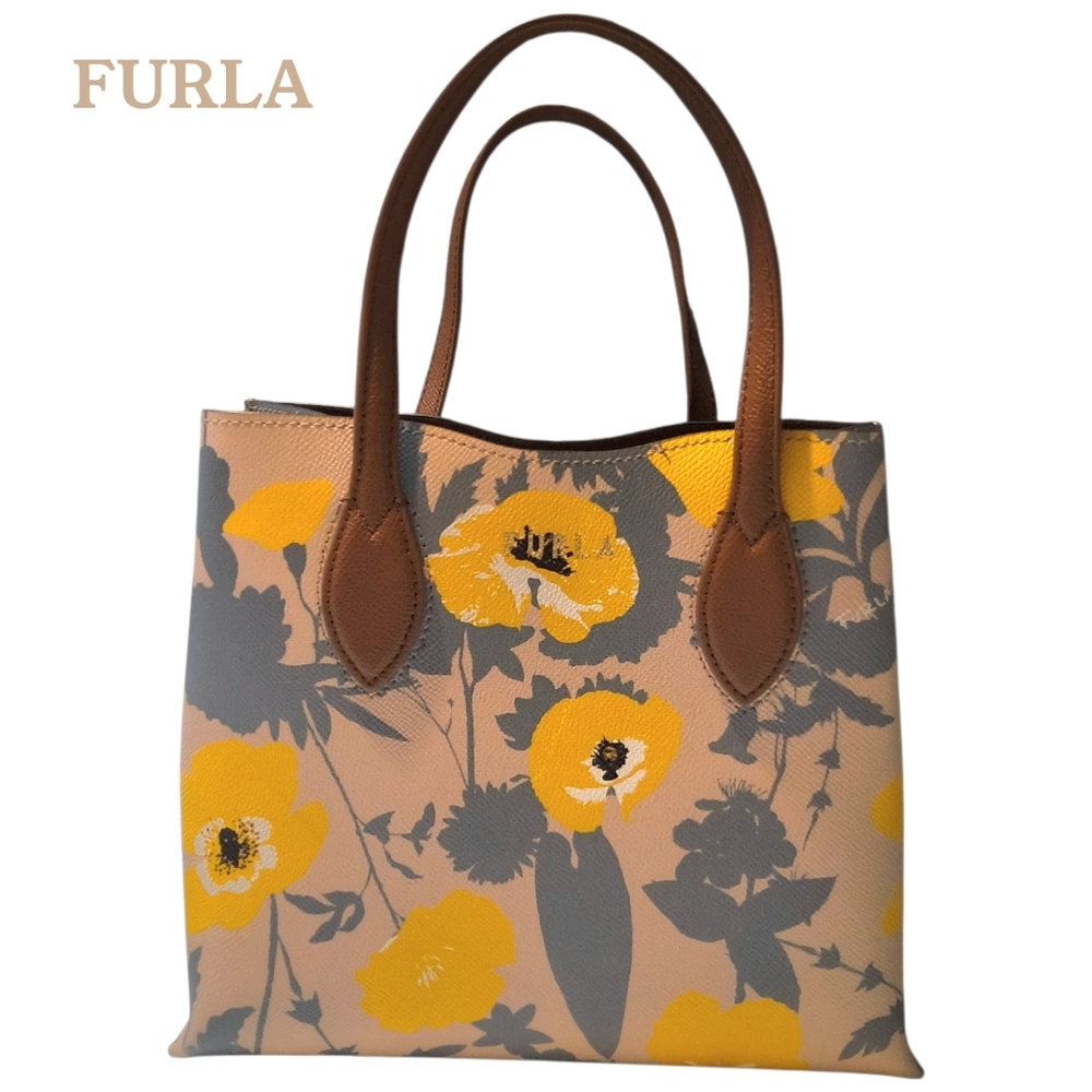 Furla Beige Tote with Yellow Floral Print and Brown Handles EUC - Picture 3 of 14